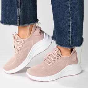 Built For Motion Alessio Ladies Thick Sole Fly Knit Lace Up Sneaker  - Pink / White
