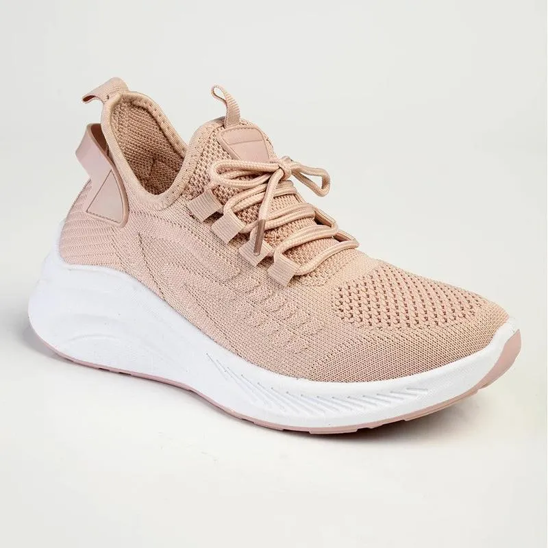 Alessio Ladies Thick Sole Fly Knit Lace Up Sneaker  - Pink / White Quality craftsmanship Precision fit