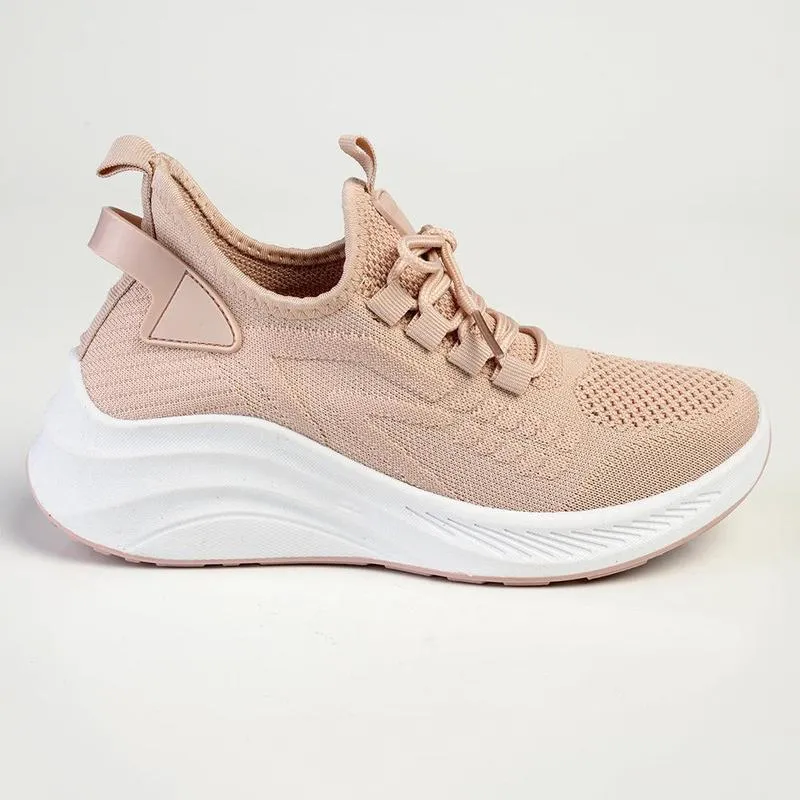SportyDesign Alessio Ladies Thick Sole Fly Knit Lace Up Sneaker  - Pink / White