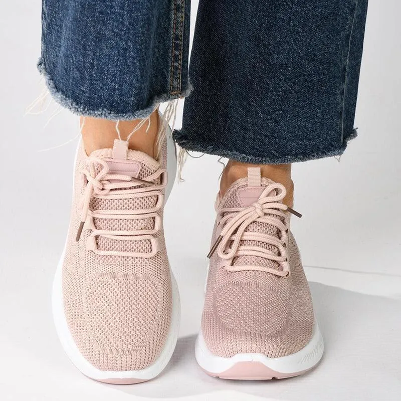 Low Top Profile Hyper Elastic Polymer Alessio Ladies Thick Sole Fly Knit Lace Up Sneaker  - Pink / White