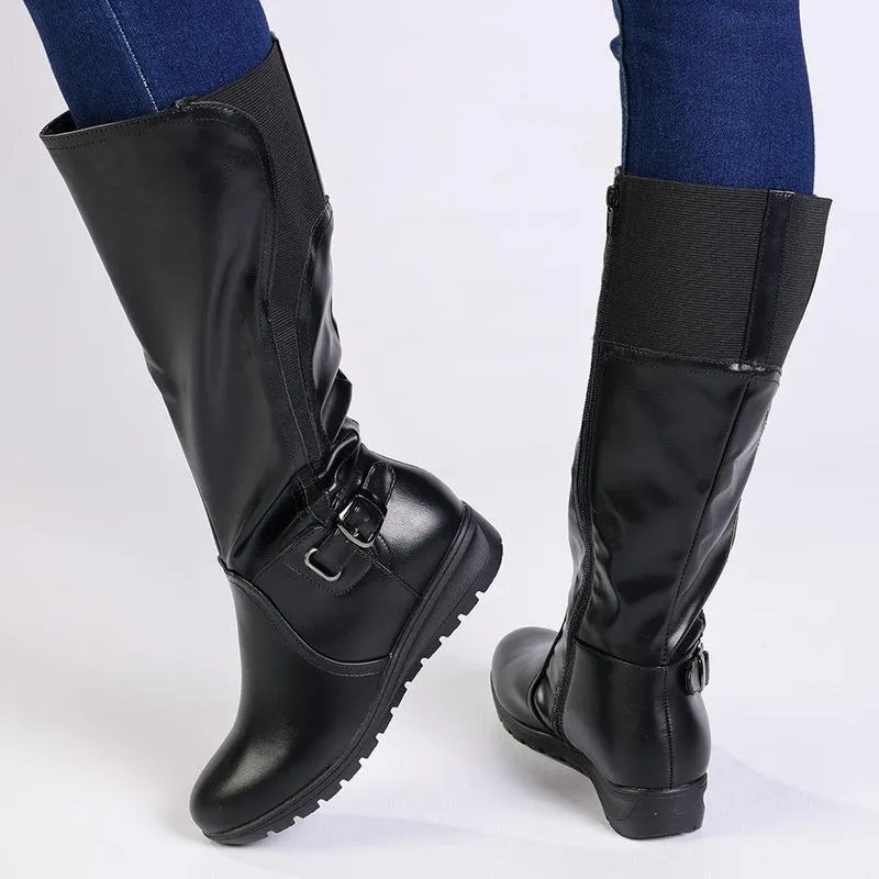 Franco Rossi Ladies Long Back Elastic Boot - Black Open Toe Flexible Frame Rough Trail Hiker