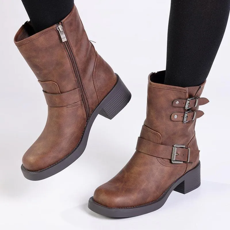 Madison Jorin 3 Buckle Biker Boot - Brown Cushioned Step Urban Traveler Canvas Material