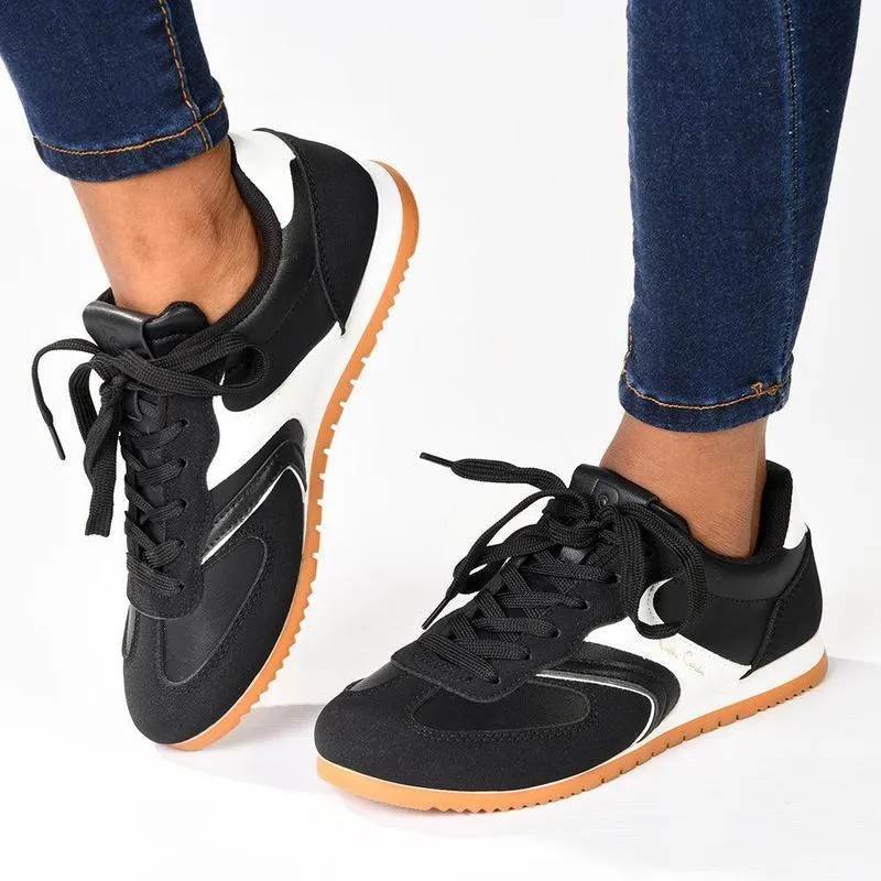 Pierre Cardin Alessi 3 Ladies Lace Up Sneaker- Black White Orthopedic Support Subtle Detail