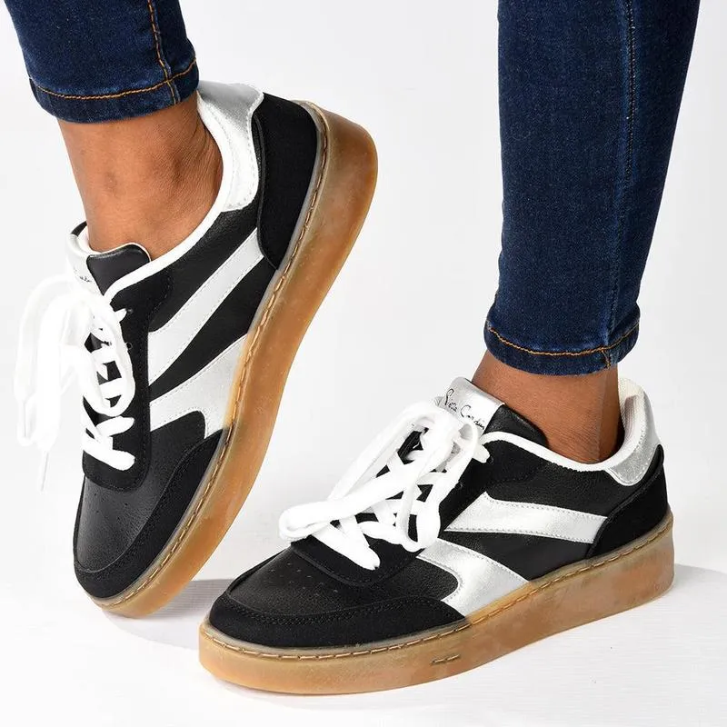 Pierre Cardin Rumba 2 Ladies Lace Up Sneaker - Black / Silver lace up closure Cool Weather