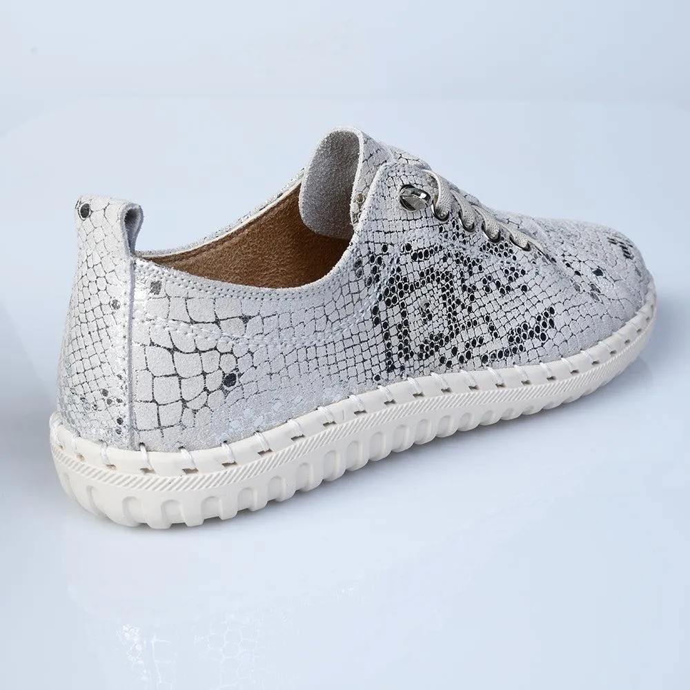 Julz Gina -Leather Sneaker With Stitch Detail - Silver Snake Sneaker Display Clean Shape