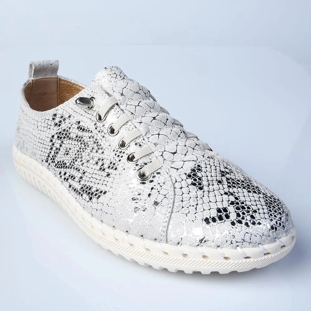 Julz Gina -Leather Sneaker With Stitch Detail - Silver Snake No Pressure
