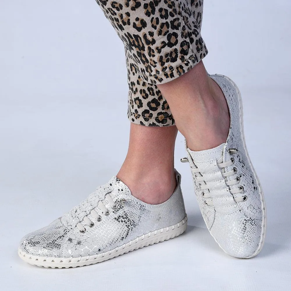 Traction Control Workout Gear Julz Gina -Leather Sneaker With Stitch Detail - Silver Snake