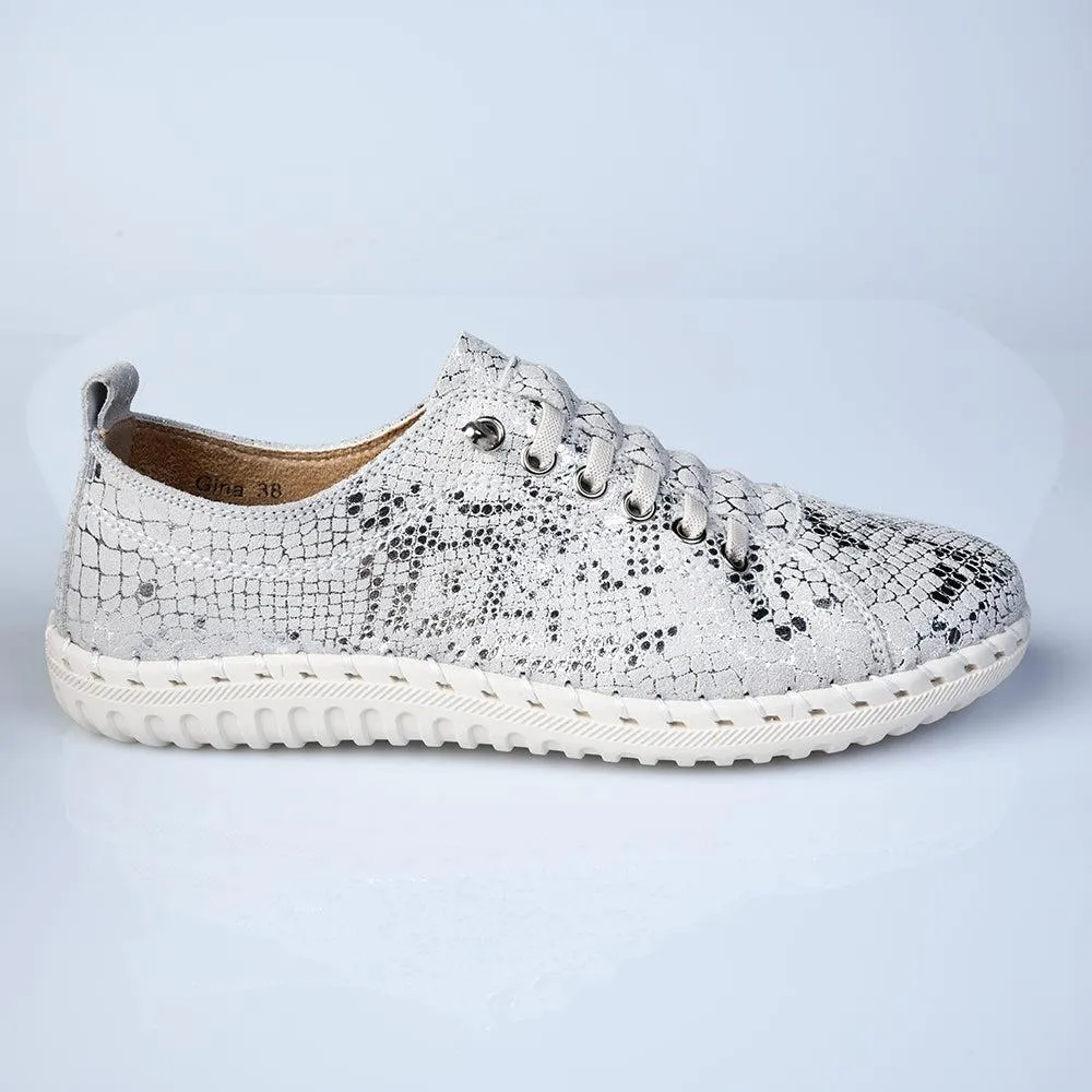 Julz Gina -Leather Sneaker With Stitch Detail - Silver Snake Thermal Regulating Textile
