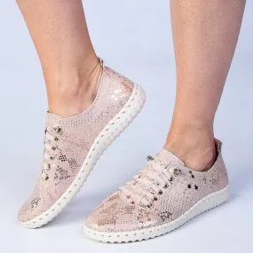 Julz Gina -Leather Sneaker With Stitch Detail - Gold Auxetic Knit Tension Balanced Upper