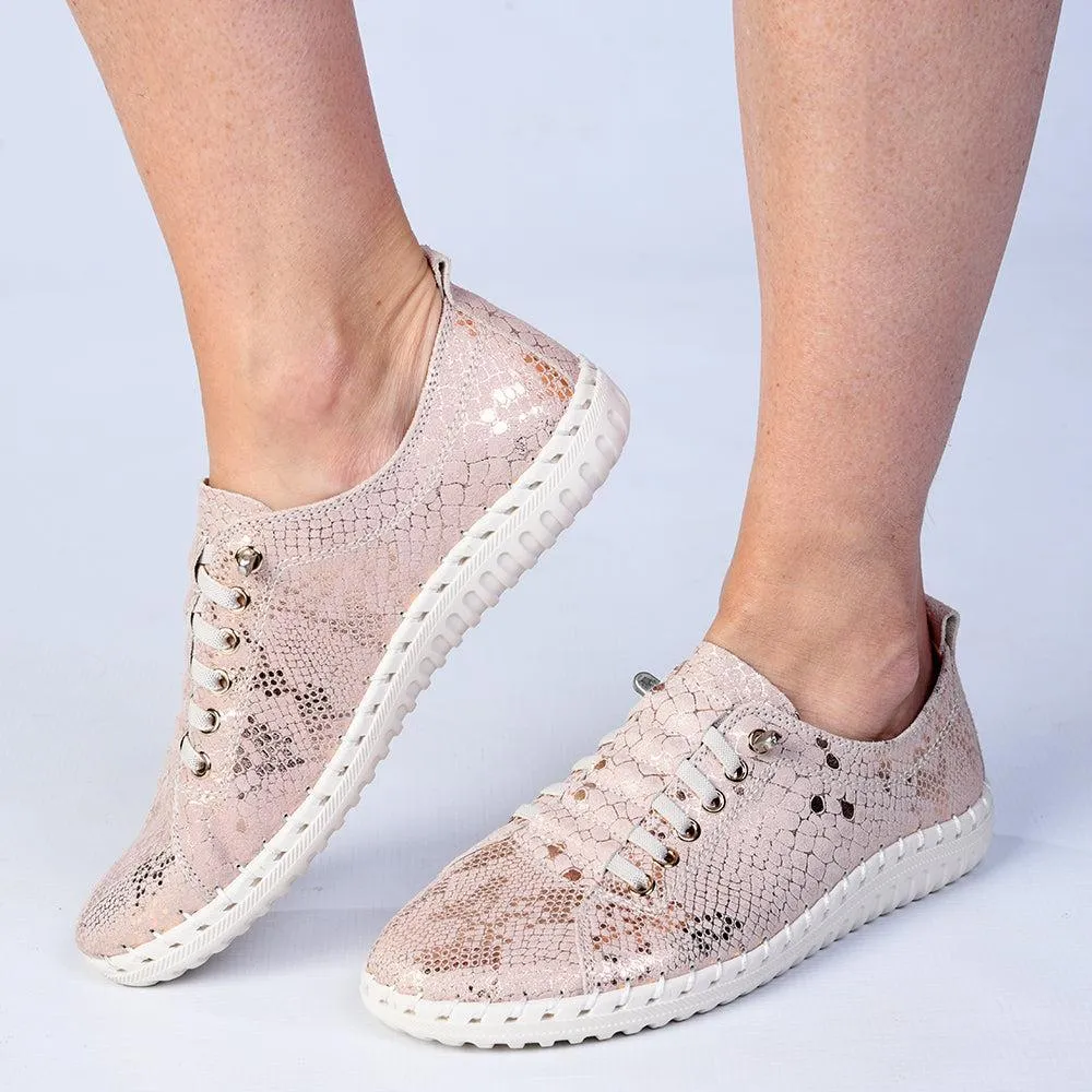 Julz Gina -Leather Sneaker With Stitch Detail - Gold Auxetic Knit Tension Balanced Upper