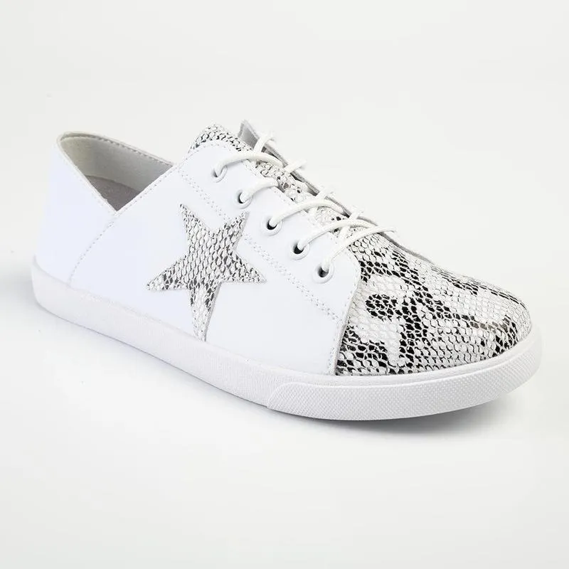 Julz Nicki Leather Sneaker With Star Detail -White/Silver Biodegradable Components cushioned collar