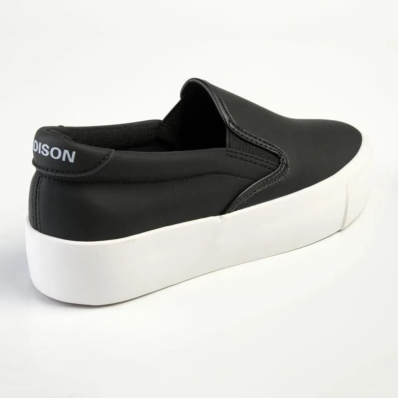 Madison Ladies Platform Slip On Sneaker - Black/White Sole Ultra Breathable Weekend Active