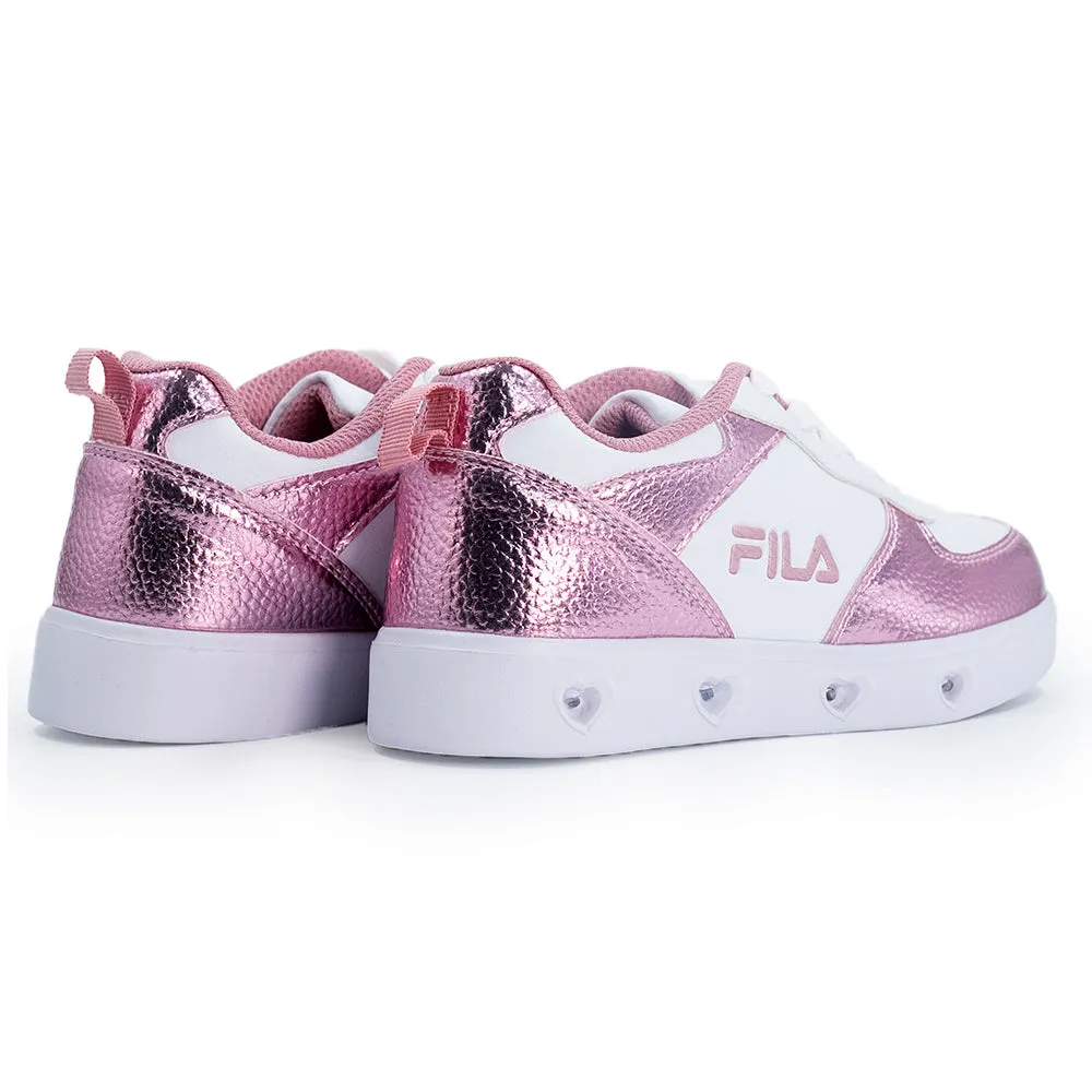 Synthetic Leather Panels Outdoor Active FILA Lucia Lights Kids Sneaker - White/Pink Metallic
