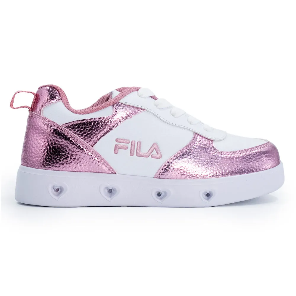 FILA Lucia Lights Kids Sneaker - White/Pink Metallic Flat Sole