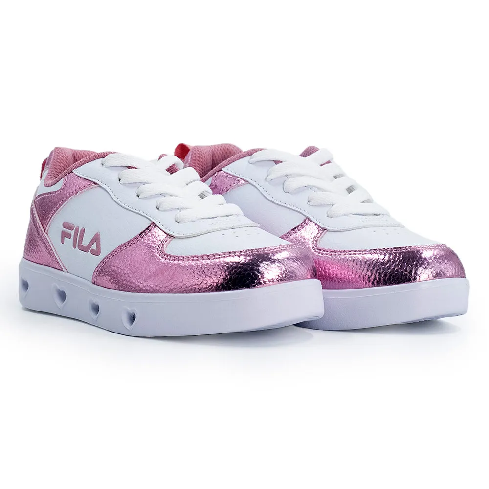 FILA Lucia Lights Kids Sneaker - White/Pink Metallic Gentle Support Durable ease