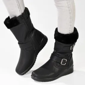 Franco Rossi Furry Fur Collar Casual Wedge Boot - Black Padded Interior Rainy Day Commuter