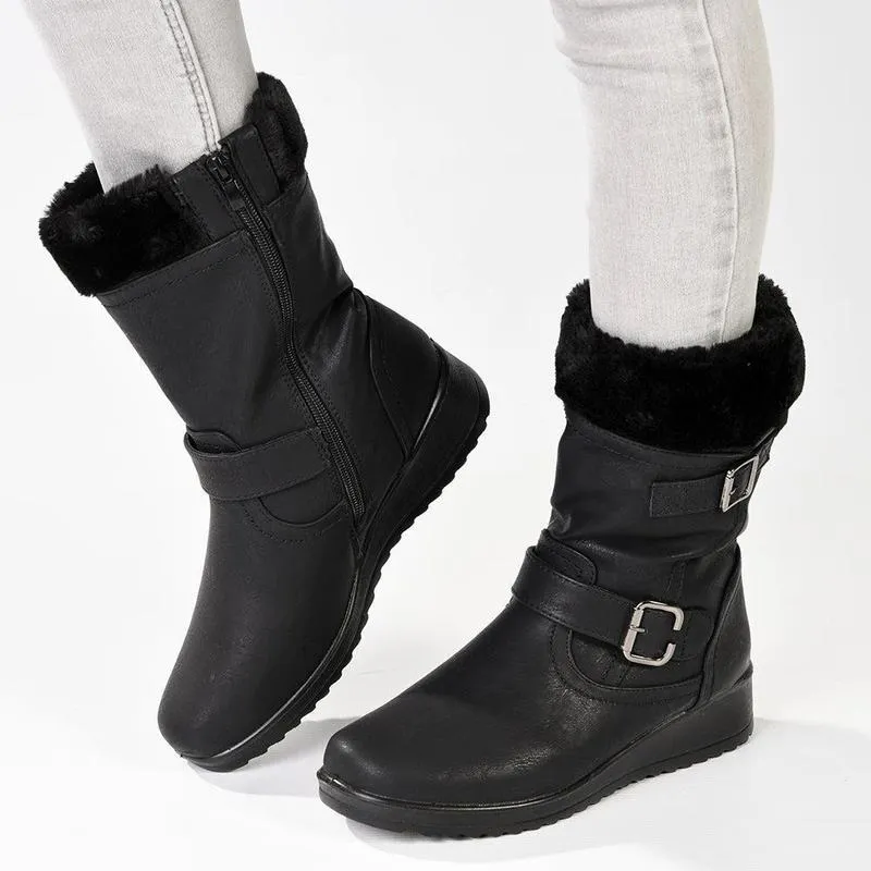 Franco Rossi Furry Fur Collar Casual Wedge Boot - Black Padded Interior Rainy Day Commuter