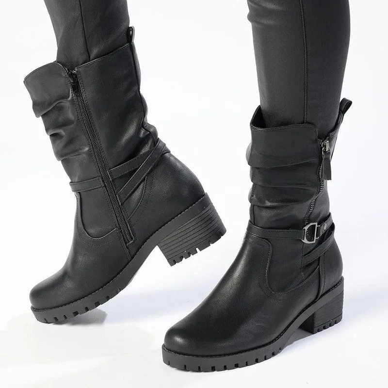 Franco Rossi Ladies Cleated Midcalf Boot - Black High-Quality Leather