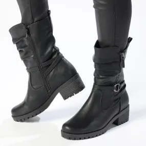 Franco Rossi Ladies Cleated Midcalf Boot - Black High-Quality Leather