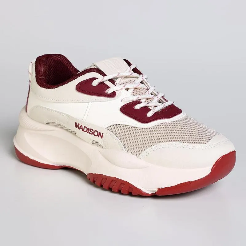 Madison Kim Ladies Fashion Sneaker - White / Burgundy Motion Friendly Fitness Footwear