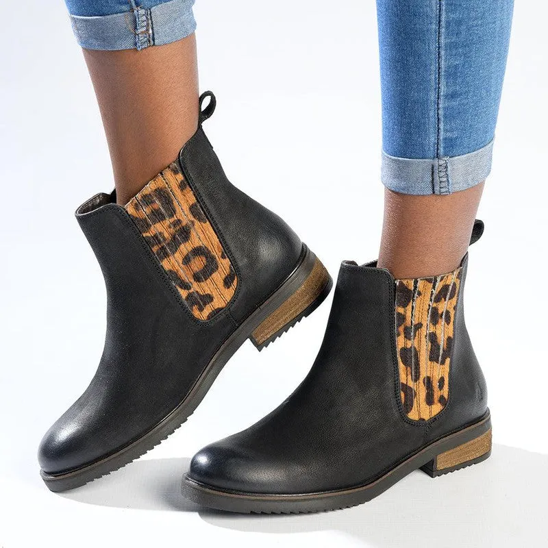 Reinforced Form Nature Lover Soldier Hush Puppies Stella Leather Ankle Boot - Black/Leopard