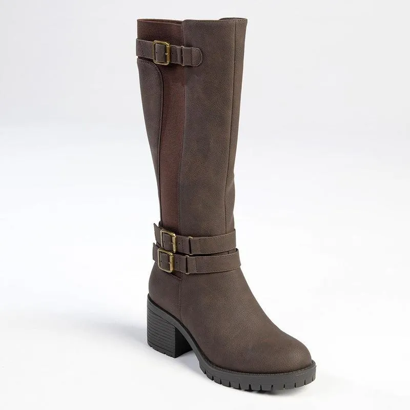 Madison - Jovie 3 Buckle Block Heel Boot - Chocolate Grippy Outsole Work Commute