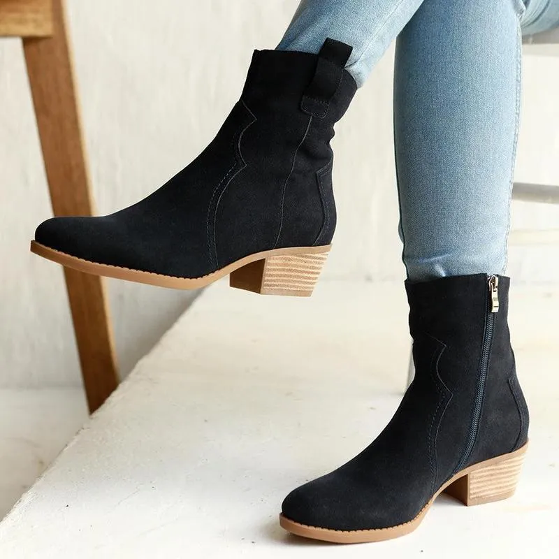 Low Profile All Day Worker Julz Belle Leather Mid Calf Suede Boot - Navy