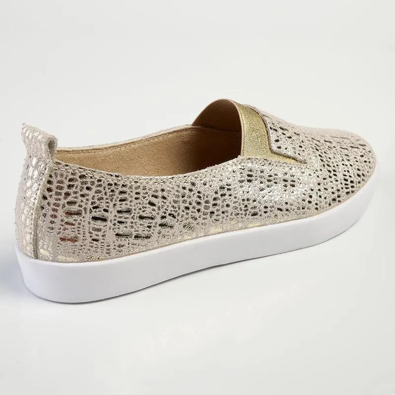 Julz Fran Leather Metallic Slip On- Gold Hyper Elastic Platform Collapsible Heel