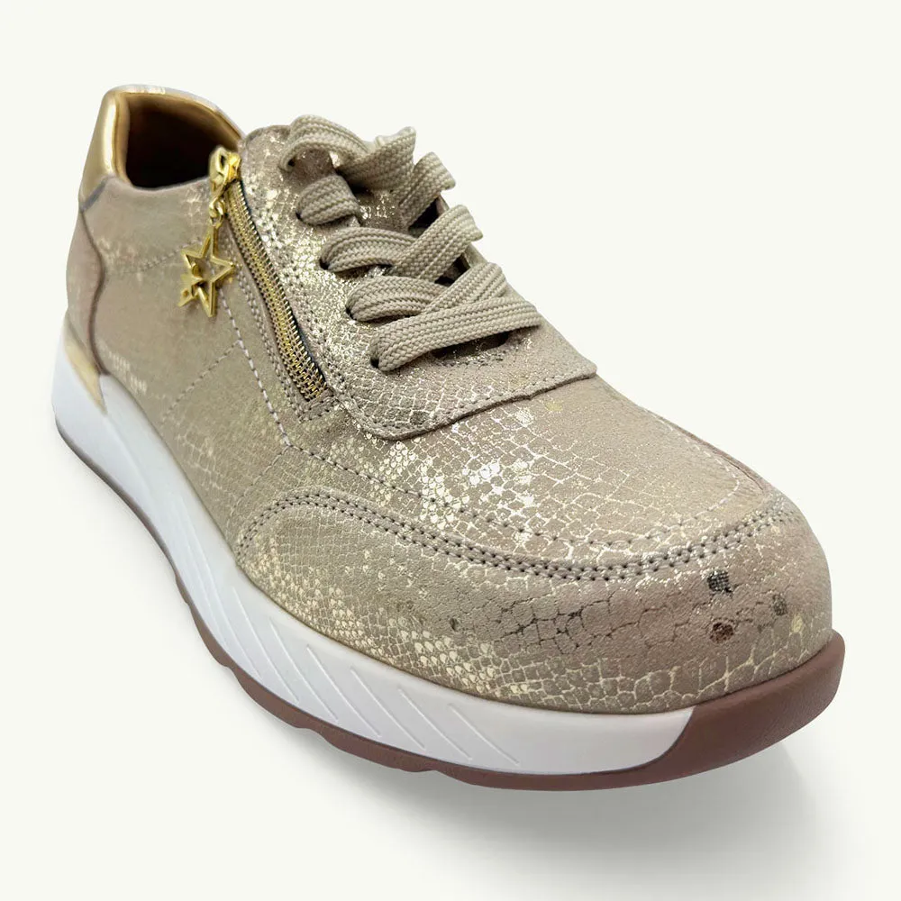 Multi Density Cushioning StainResistant Julz Nina Suede Leather Sneaker - Gold Snake