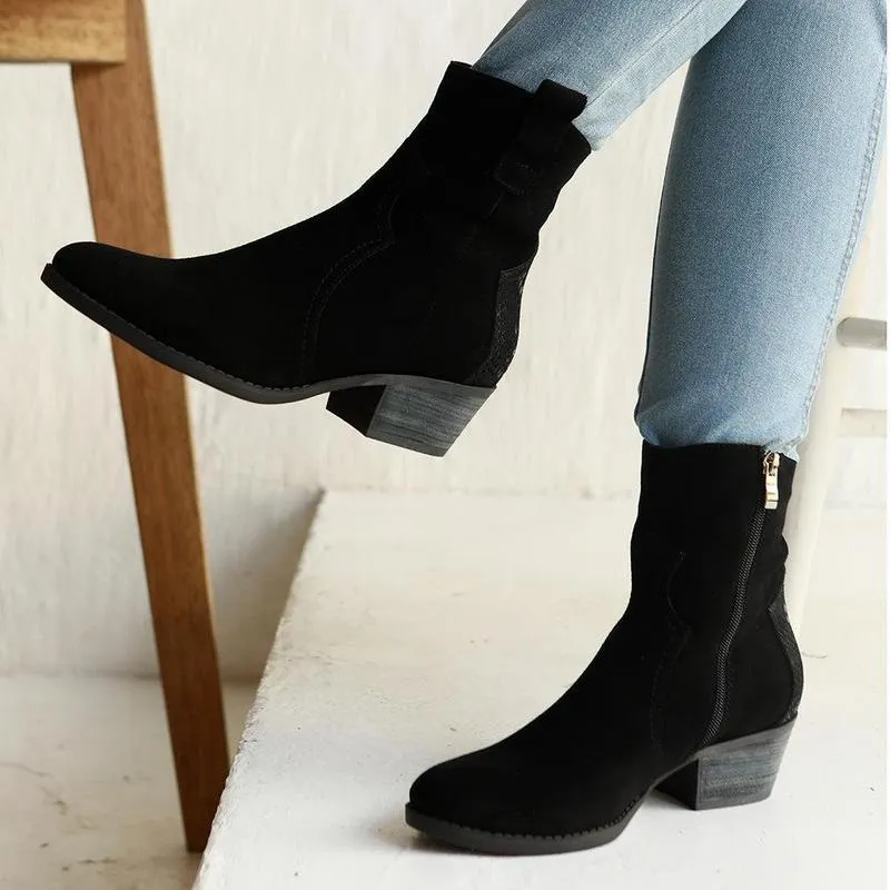 Anti-Skid Julz Belle Leather Mid Calf Suede Boot - Black