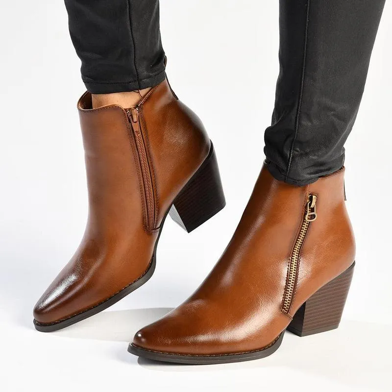 Madison Jeffie Cuban Heel Double Zip Ankle Boot - Tan Slip Resistant Outdoor Trek Quick Drying Rainy Day Commuter