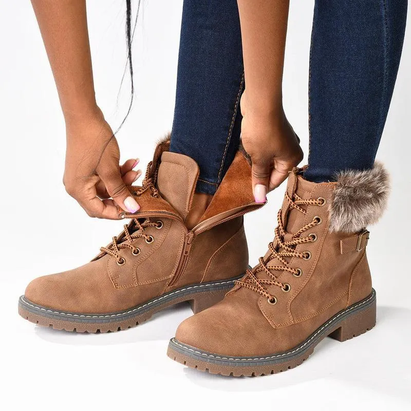 Madison Jordan Fur Collar Lace Up Boot - Brown Warm Touch