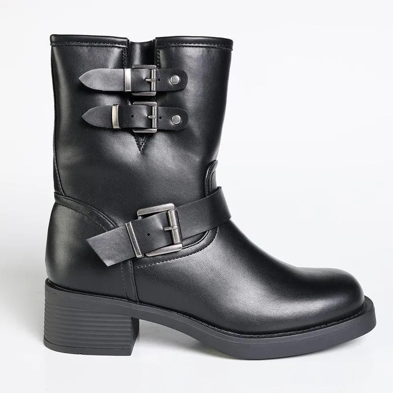 High Heel Reinforced toe Madison Jorin 3 Buckle Biker Boot - Black