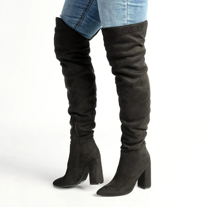 Shock Absorbing Weather Resistant User Madison Portia 3 Over Knee Block Heel Boots - Black
