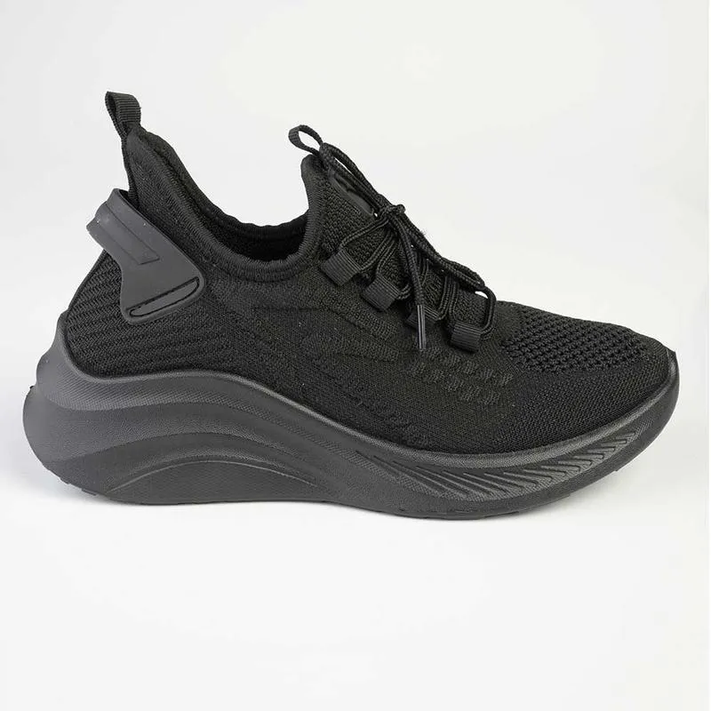 Alessio Ladies Chunky Sole Fly Knit Lace Up Sneaker  - Black Motion Style Ventilation
