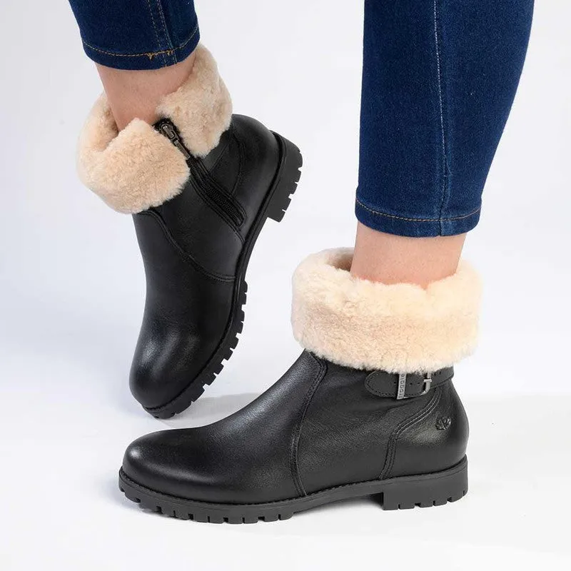 Froggie Pat Leather Fur Collar Ankle Boot - Black Comfortable Feel