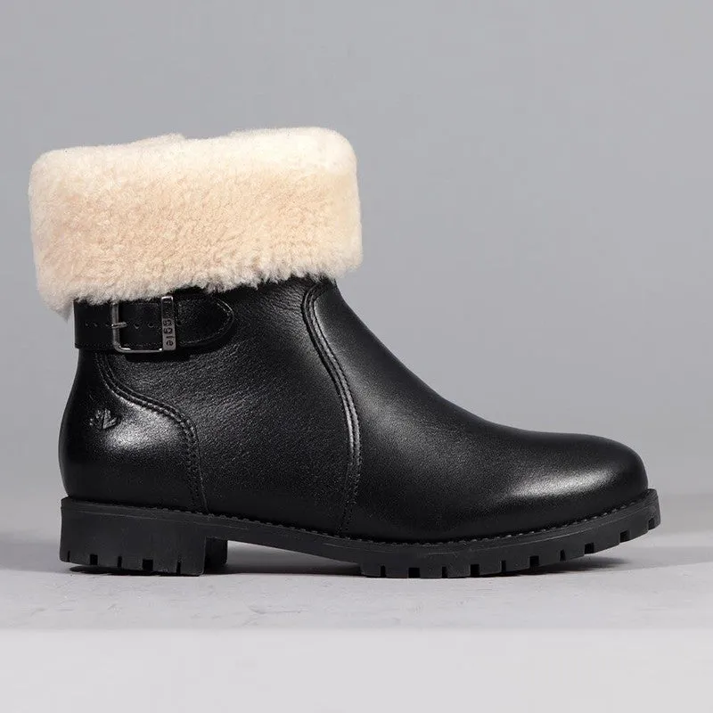Froggie Pat Leather Fur Collar Ankle Boot - Black Adjustable