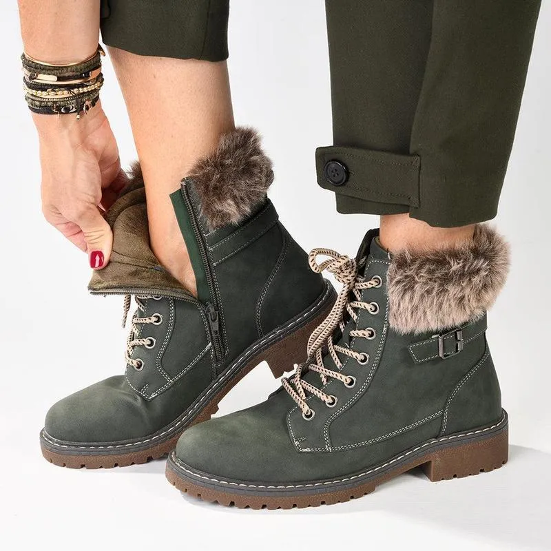 Madison Jordan Fur Collar Lace Up Boot - Khaki buckle All-Season Protection
