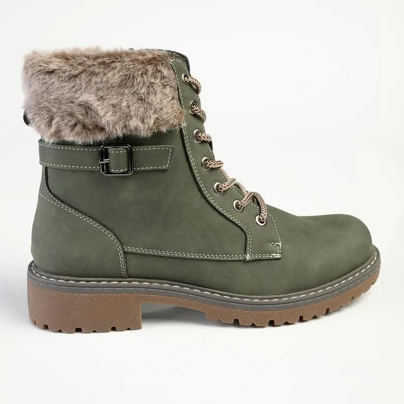 Madison Jordan Fur Collar Lace Up Boot - Khaki Quick Drying Remote Hiking