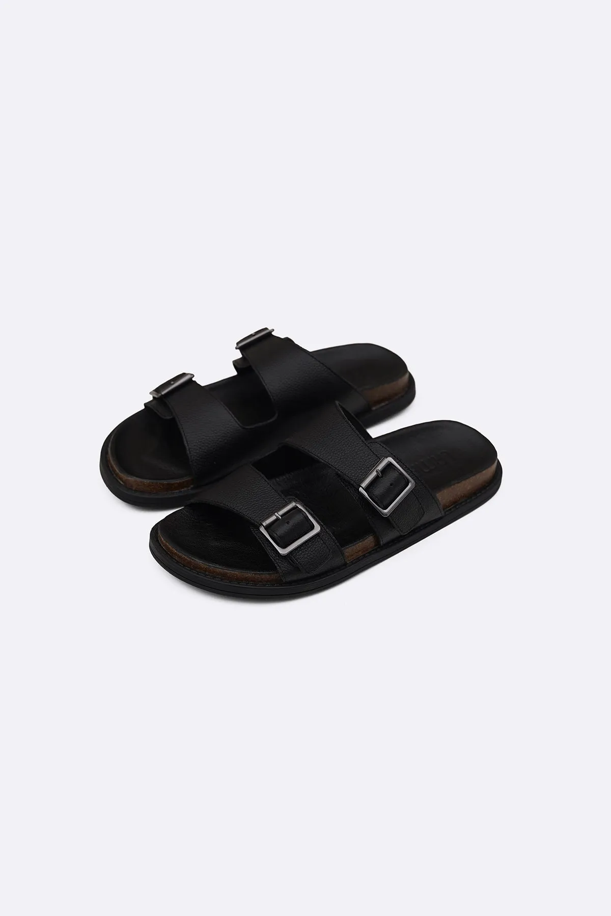 DOUBLE STRAP LEATHER SLIDES Supportive midsole