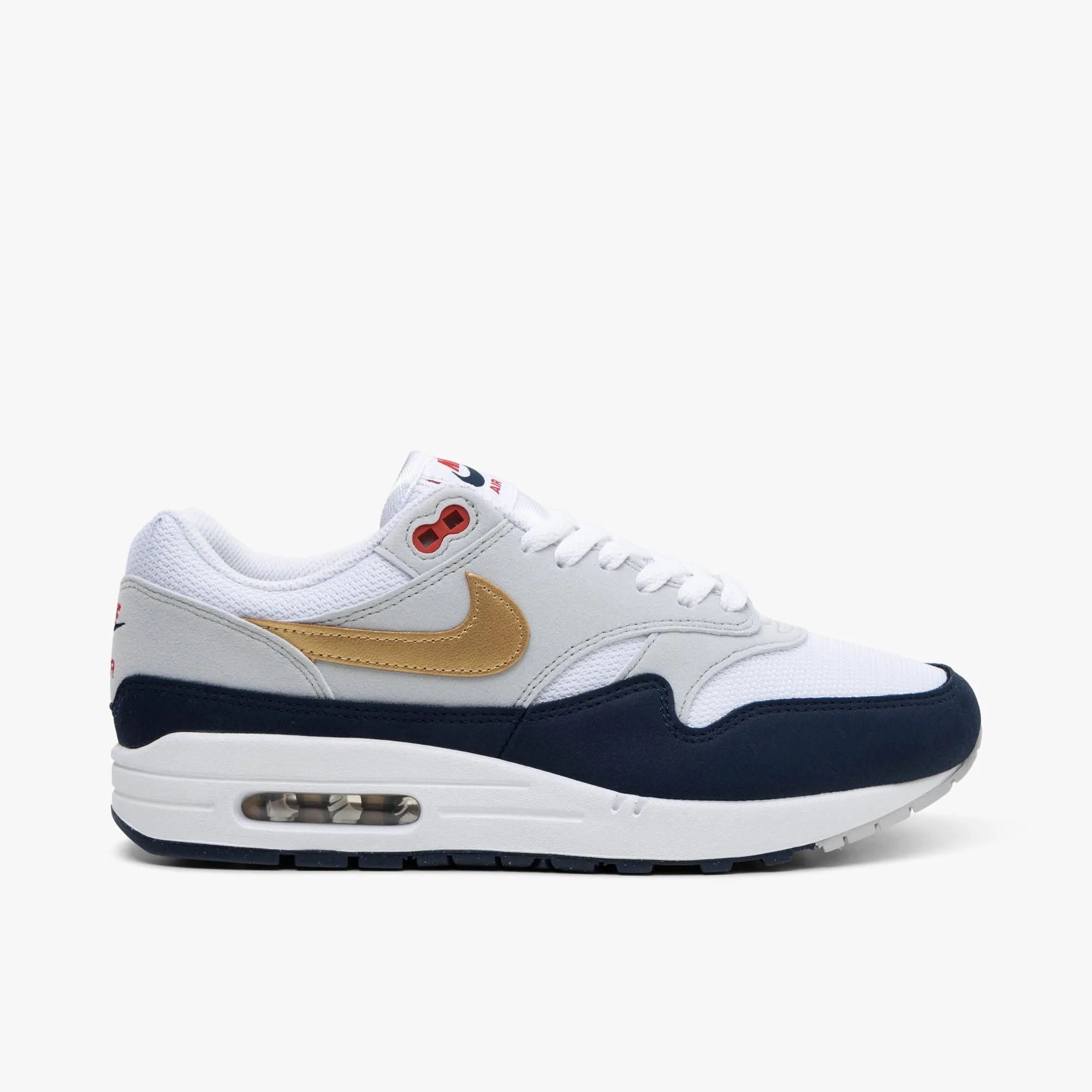 Microperforated Vamp Power Moves Nike Air Max 1 Obsidian / Metallic Gold - White
