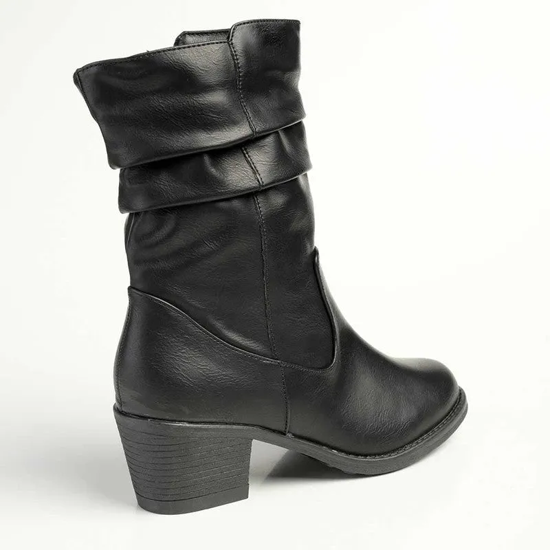 Madison Rouch Block Heel Shaft Boot - Black Fashion Guy